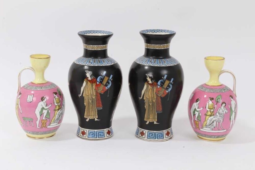Good garniture of antique Greek revival ceramics, including a pair of pink ground urns by Brown-Westhead, Moore & Co, and a pair of Tuscan Grecian Ware vases (4)
