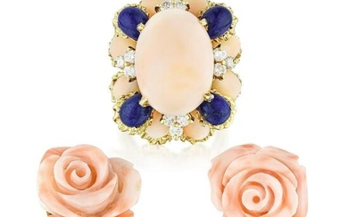 Group of Angel Skin Coral Rose Earrings and Coral Lapis