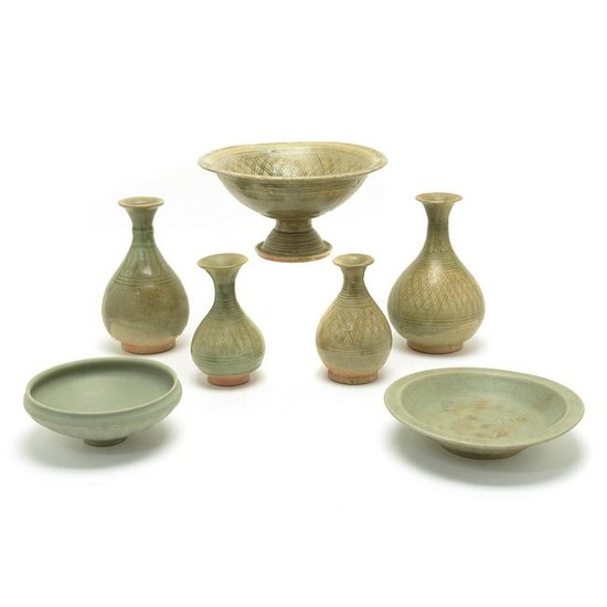 Group of Korean Celadon Glazed Pottery Bowls and Vases