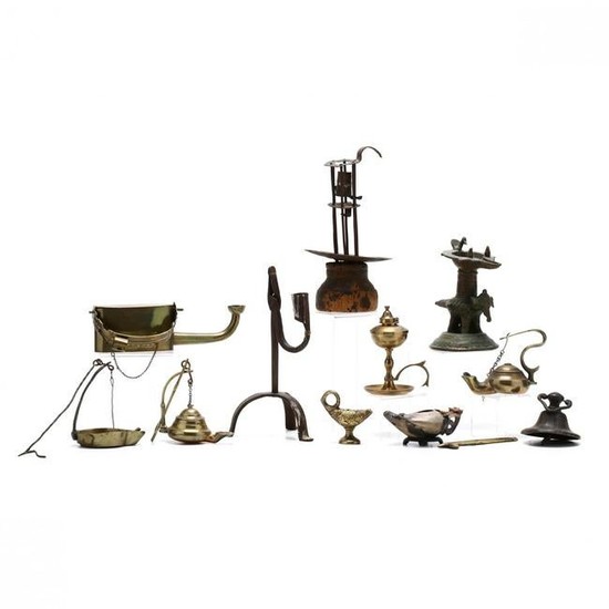 Group of Lighting Devices in Brass, Iron and Stone