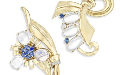 Group of Two Retro Moonstone and Sapphire Gold Brooches