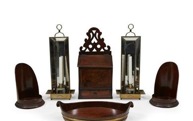 Group of six mahogany and brass lighting accessories