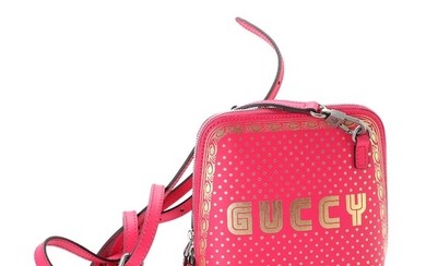 NOT SOLD. Gucci: A "Guccy print" bag made of pink leather with golden print and...