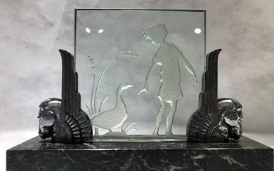 Hand etched glass panel w/ nickel on green marble base