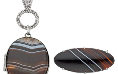 Hardstone, Silver Jewelry Object: Locket-Pendant Stones: Oval-shaped sardonyx cabochons...