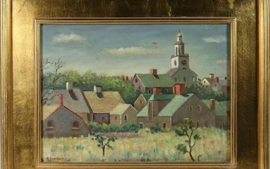 Helen M. Goodwin Oil on Canvas Board "Nantucket Roof Tops and the Unitarian Church", circa 1946
