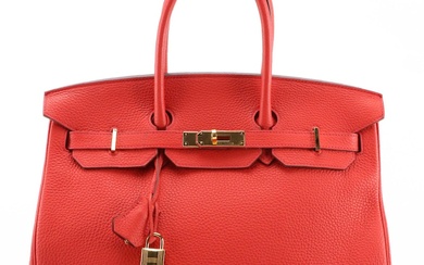 Hermès Birkin 35 Satchel in Géranium Clemence Leather with Gold Plated Hardware