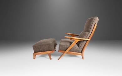 High Back Mid Century Modern Lounge Chair & Ottoman After Hans Wegner in Knoll Fabric USA c. 1960s