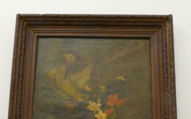 Huile sur toile "Nature morte avec chien, perroquet et fleurs" signée Alphonse Laguari (95x75cm)