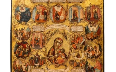 Icône de Marie, Mère de Dieu, entourée des épisodes de sa vie.