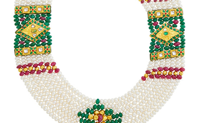 Indian Multistrand Freshwater Pearl, Emerald and Ruby Bead, Gold, White Sapphire and Enamel Necklace with Cord