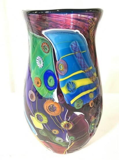 Intricately Detailed Signed Art Glass Vase