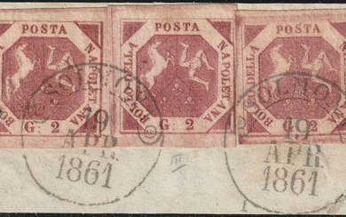 Italian Ancient States - Naples 1858 - Mixed 2 gr. 1st plate + 2+2 gr. 3rd plate, wide margins, used on single Solmona cut out, pt.10, - Sassone n.5g+7g