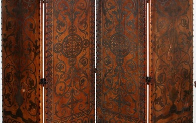 Italian Tooled Leather Four-Panel Screen, 19Th Century, H 70", W 80" (W 20" Each Panel)