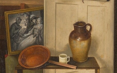 J. W. Halford, British, early-mid 19th century- Still life of a stoneware jug, a tankard and a copper pan on a table in an interior; oil on panel, signed and dated 'J. W. Halford 1830' (on the green card(?) lower left), 22.2 x 18.5 cm. Provenance:...