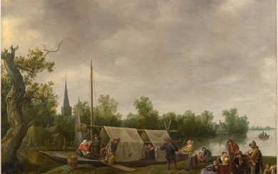 JAN STEEN(1626 Leyde 1679)Paysage fluvial avec une joyeuse compagnie. Huile sur toile. 81 × 100...
