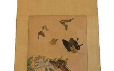 JAPANESE HAND PAINTED WATERCOLOR BUTTERFLY SCROLL