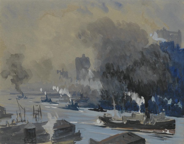 JOSEPH PENNELL New York Harbor Scene. Watercolor and gouache on paper, circa 1915....