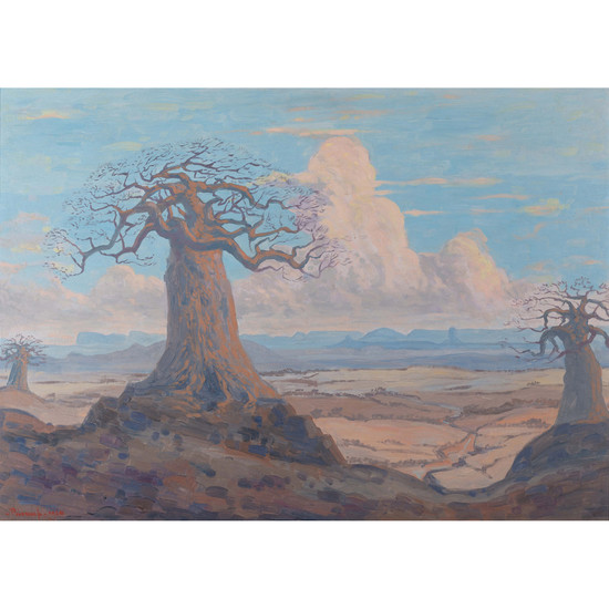 Jacobus Hendrik Pierneef South African 1886–1957 Baobabs with Soutpansberg in the distance 1920 oil on board signed an...