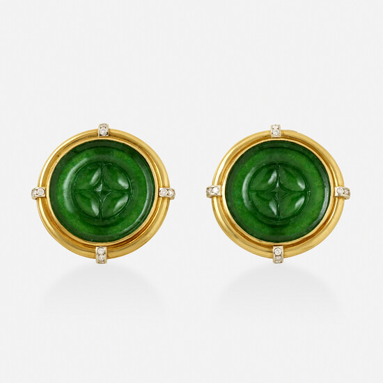 Jade, diamond, and gold earrings