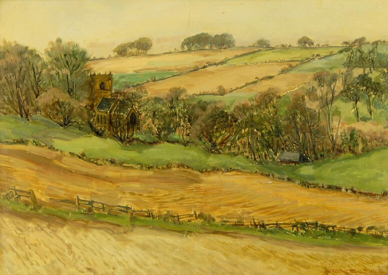 James Arundel, British 1875-1960- Spring, Welton-le-Wold, Lincolnshire, 1946; oil on plywood panel, signed and dated, inscribed on the reverse, 40 x 55 cm (ARR)