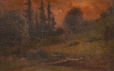 James Everett Stuart (American, 1852-1941) Oil on Oak Panel, 1900-1908, "Redwoods And Live Oaks Near