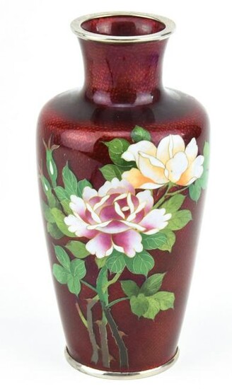 Japanese Enamel & Silver Floral Motif Vase