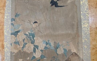 Japanese Woodblock Print Birds by Hut in Rain