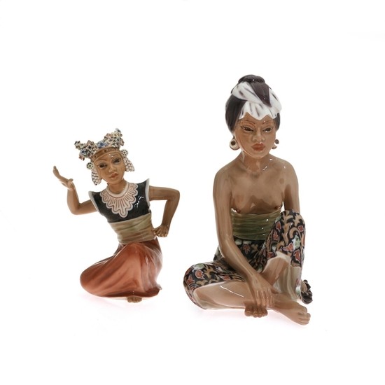 Jens Peter Dahl-Jensen: ''Woman from Bali'' and ''Monuia''. Two porcelain figurines, decorated in colours. 1136 and 1323. Dahl-Jensen. H. 21 and 15.5 cm. (2)