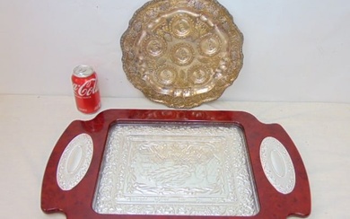 Judaica silver platter & lacquered serving tray with three silver inserts, with Hebrew symbols