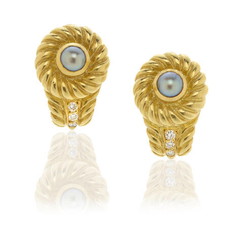 Judity Ripka: Pair of Cultured Pearl and Diamond Ear Clips