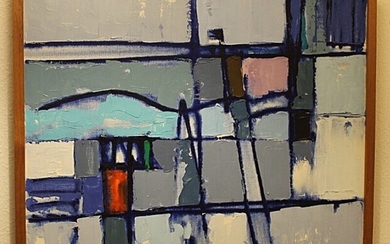 Knud Jensen: “Bådehavn, Vinter”- Boat harbor, winter. Signed KJ, 87. Oil on canvas. 50.5×60.5 cm. Frame size 53×63 cm.