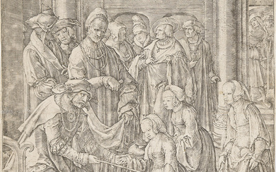 LUCAS VAN LEYDEN Esther before Ahasueras. Engraving, 1518. 226x178 mm; 9x7 inches, threa...