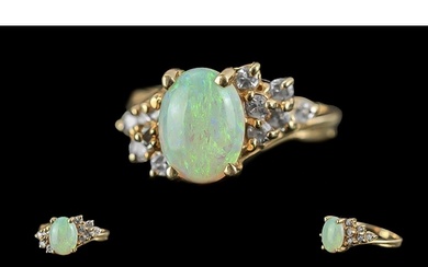Ladies 14ct Gold Attractive Opal and Diamond Set Ring, marke...