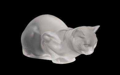 Lalique France Crystal Crouching Cat, 3 3/4"h x 9"w