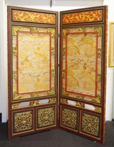 Large Chinese 2 panel dividing screen with needlework and ca...
