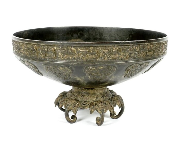 Large Chinese Bronze Archaic Style Bowl on Stand
