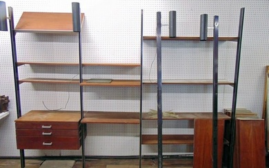Large George Nelson wall unit, 6 poles, 4 with added spot lights, three drawers in iron drawer