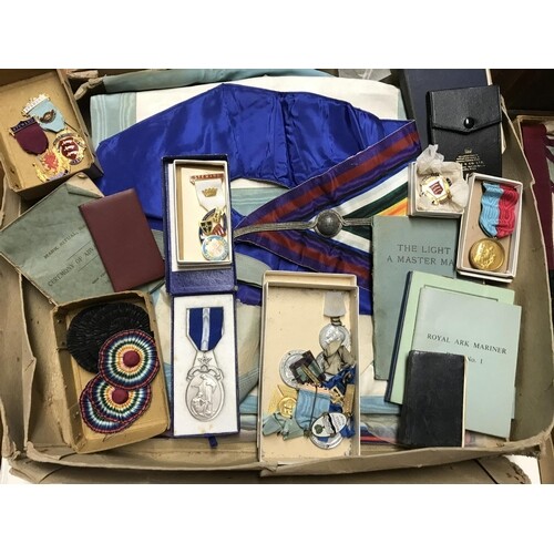 Large box of Masonic jewels and medals etc