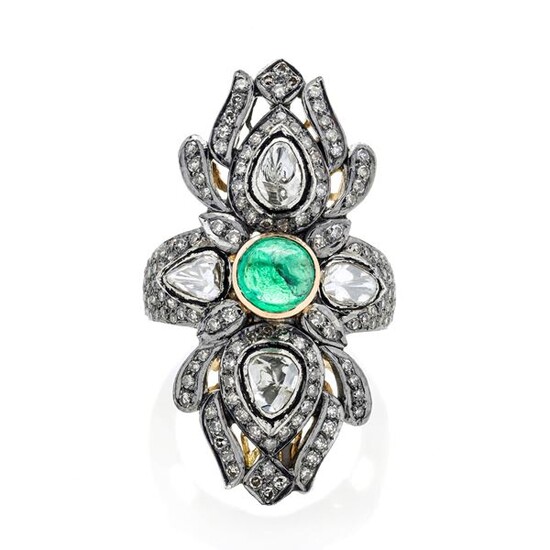 Large diamond shape ring in low title gold, silver and emerald