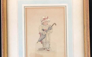 Late 18th Century Framed Watercolor of Girl Carrying