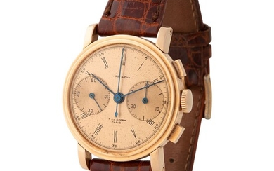 Leroy & Fils. Rare and Historically Important Av. de l’Opéra Chronograph Wristwatch in Pink Gold, With Stepped Bezel