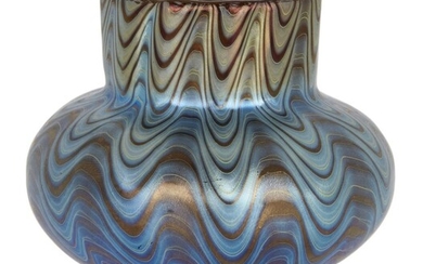 Loetz, Small Rubin Phaenomen PG 6893 blue on red vase, circa 1900, Iridescent glass, Underside engraved ‚ÄòLoetz Austria‚Äô, 7.5 cm high, 8.5 cm wide