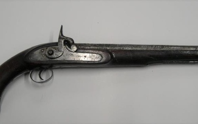 Long barrelled, percussion cap pistol with engraved decoration to...