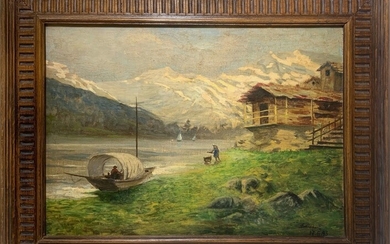 Lorenzo Delleani Paysage de rivière avec des bateaux. Peinture à l'huile sur toile Signé et...