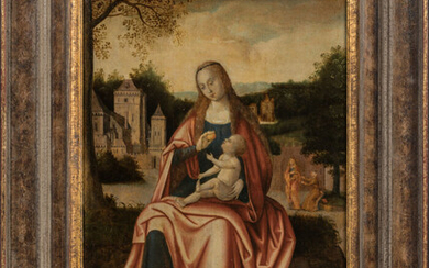 Lot 33 ECOLE BRUGEOISE, suiveur d'Ysenbrandt (1475/95-1551). Vierge à l'Enfant. Huile sur panneau de chêne, parqueté. 42...