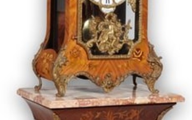 Louis XV Style Brass Ormolu Mounted Inlaid Walnut Mantel Clock and Marble Top Pedestal, 20th c.