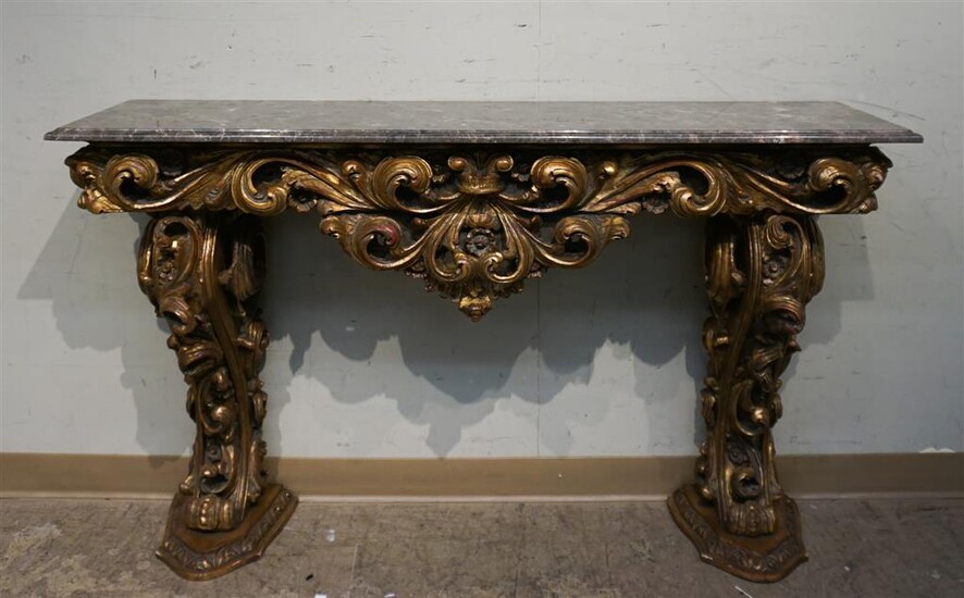 Louis XV Style Giltwood Marble Top Console Table, H: 33-1/2; L: 58; D: 15 in