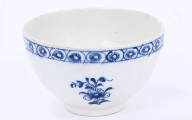 Lowestoft tea bowl, moulded with panels painted in blue with flowers, moulded flowers in between, within a blue cell border, 7.5cm diameter