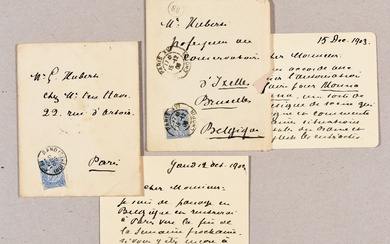 MAETERLINCK, Maurice 2 autogr. s. cards to Gustave Huberti, in Paris (1) and Brussels (2)....